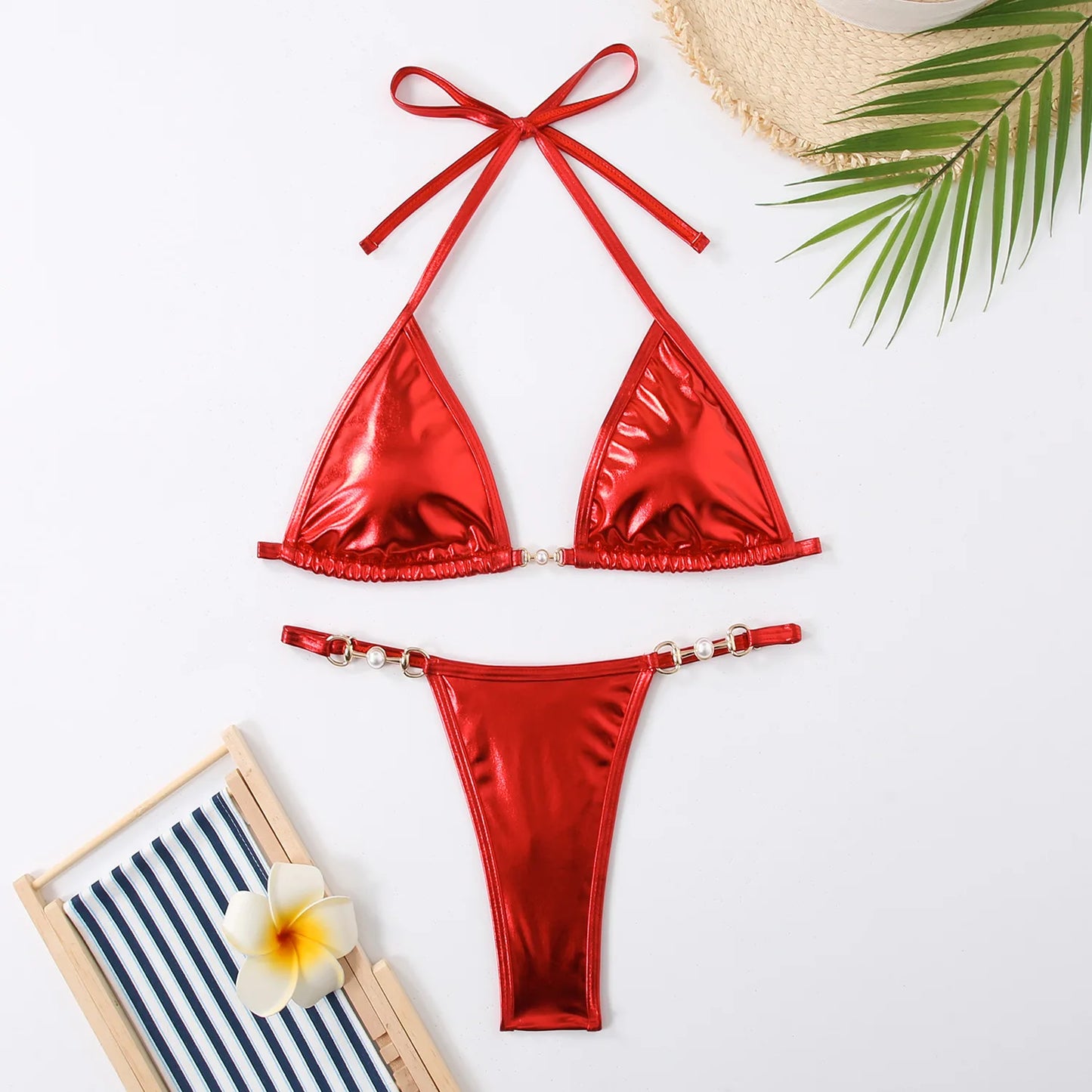 Metallic Halter Bikinis Set Lace Up Triangle Tie Side Swimsuit Pearl Patchwork Women Swimwear Micro Thong Bathing Suit