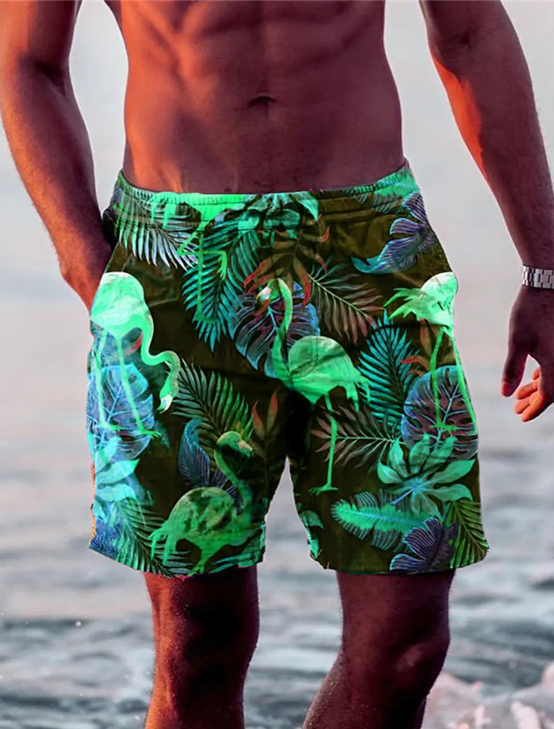 Men's Shorts Swim Trunks Drawstring Leaf Flamingo Graphics Quick Dry Short Casual Holiday Hawaiian Micro-elastic