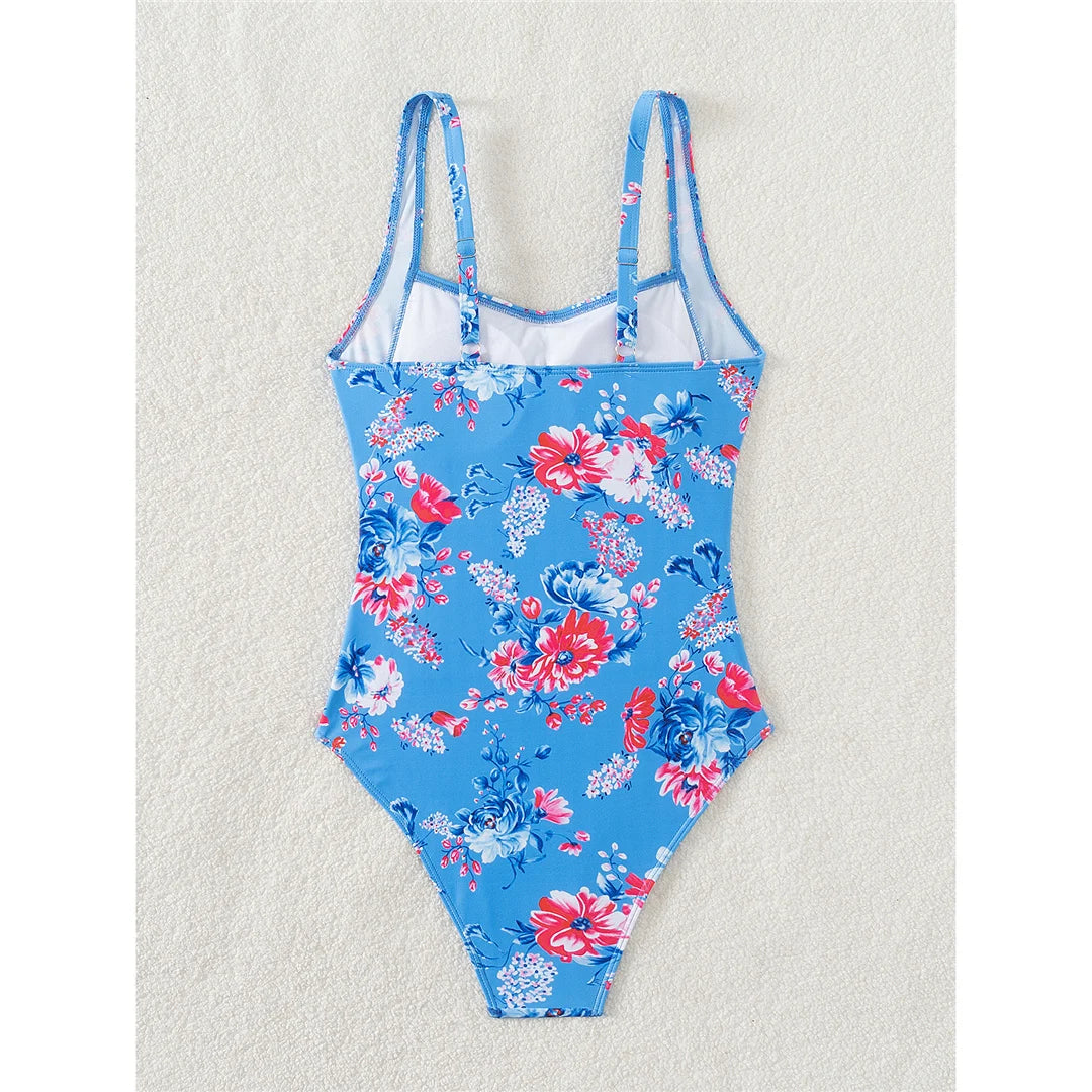S - XL Flowers Printed Floral Wrinkled One Piece Swimsuit Women Swimwear Female High Leg Cut Bather Bathing Suit Swim