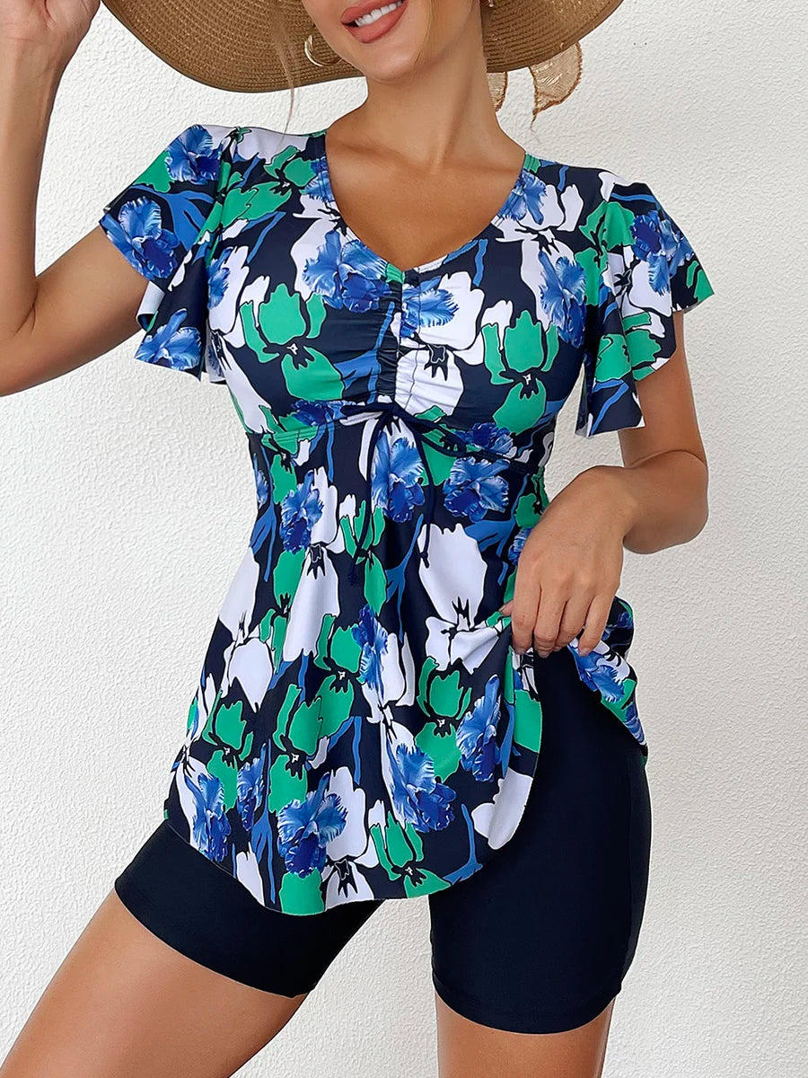 Printed Tankini Set Two Piece Swimsuit Women Tie Front Drawstring Swimwear Female Bathing Swimming Suit Beachwear Summer