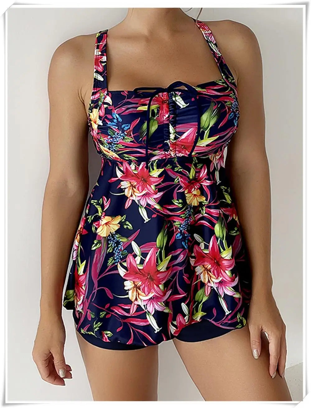Drawstring Tankini Set Two Piece Swimsuit Short Women Floral Printed Swimwear Female Bathing Suit Beachwear Swimming