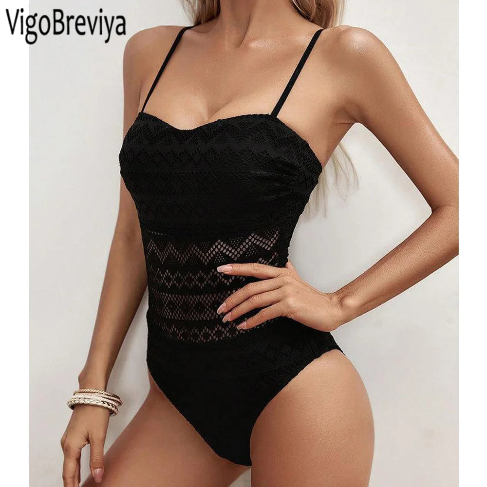 Black Strapped Swimwear Women Push UP Lace Hollow One Piece Swimsuit Monokini Backless Summer Bathing Suit