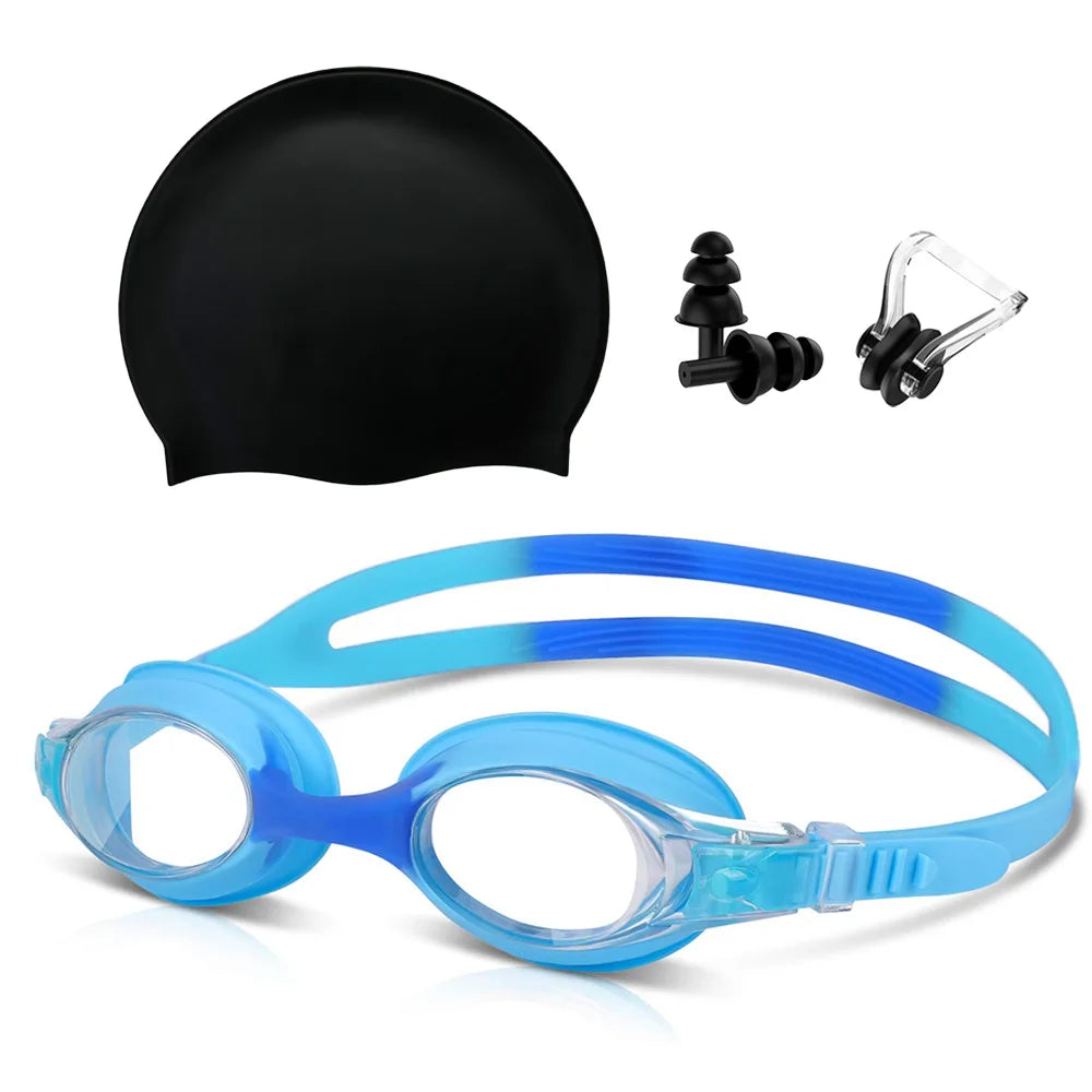 Kids Swim Goggles and Silicone Swim Cap set with Nose Clip Earplugs,Waterproof No Leaking Anti Fog UV Protection for Boys Girls