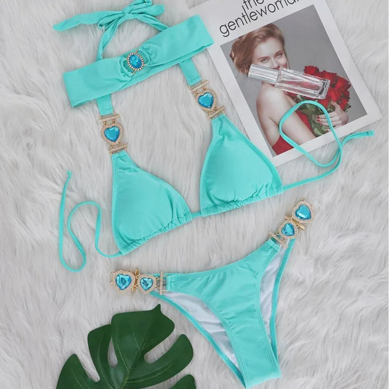 Pink Bikinis Swimsuit With Heart Rhinestones Women Swimwear Female Push Up Bikini Beach Swim Wear Bathing Suits Pool Bather