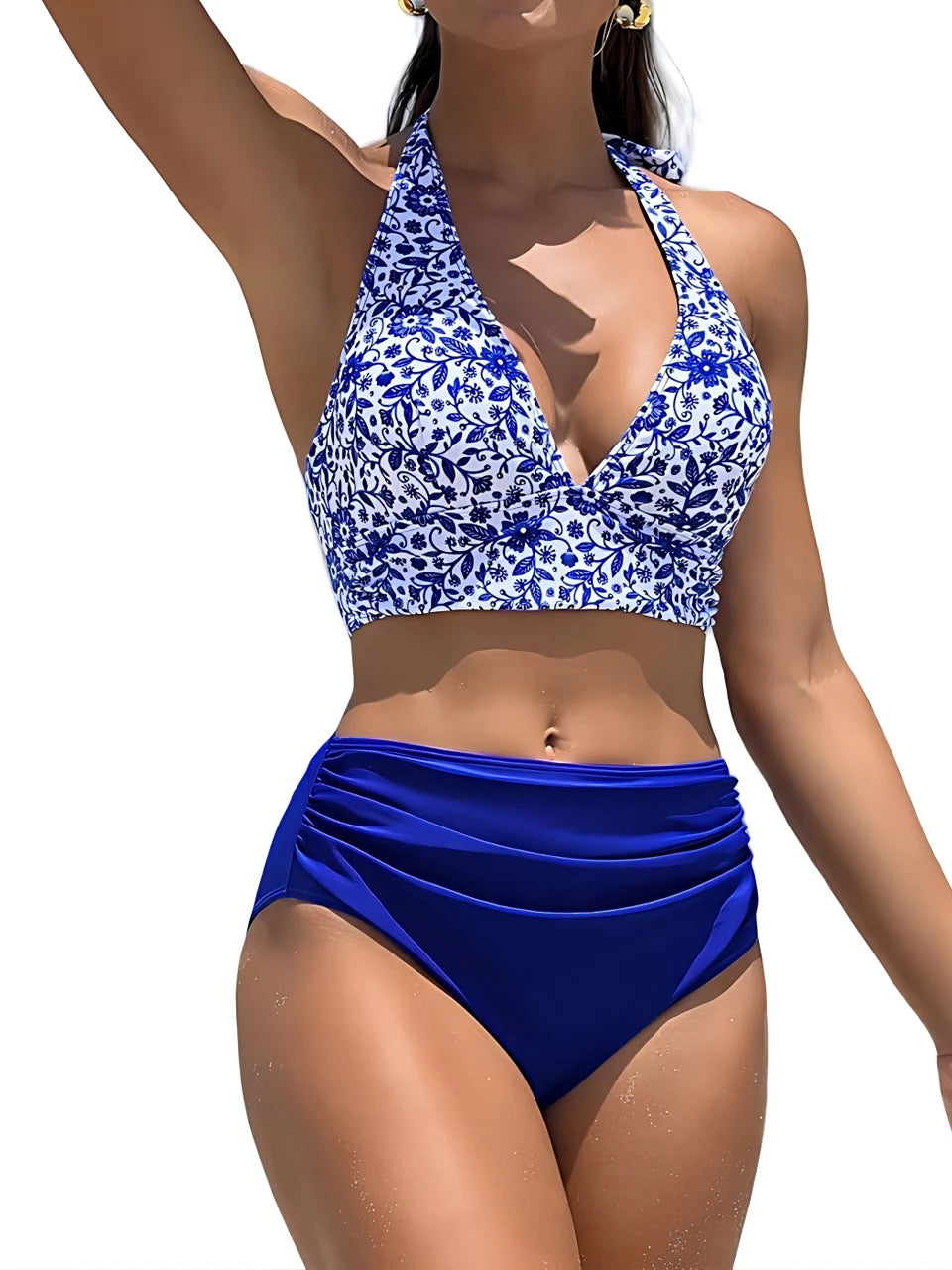 Halter Bikini Women Ruched High Waist Swimwear Female Printed Swimsuit Bathers Bathing Swimming Suit Padded Beachwear