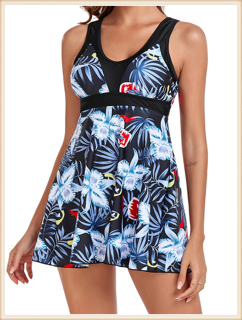 Leaf Print Long Top Tankini Set Two Piece Swimsuit Women Mesh Fabric Swimwear Female Beachwear