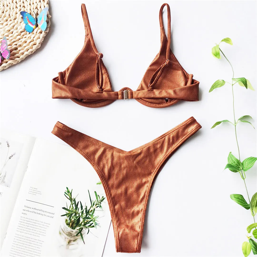 S - XL V-bar Underwired Bikini Female Swimsuit Women Swimwear Two-piece V shape Wire Bikini set Bather Bathing Suit Swim