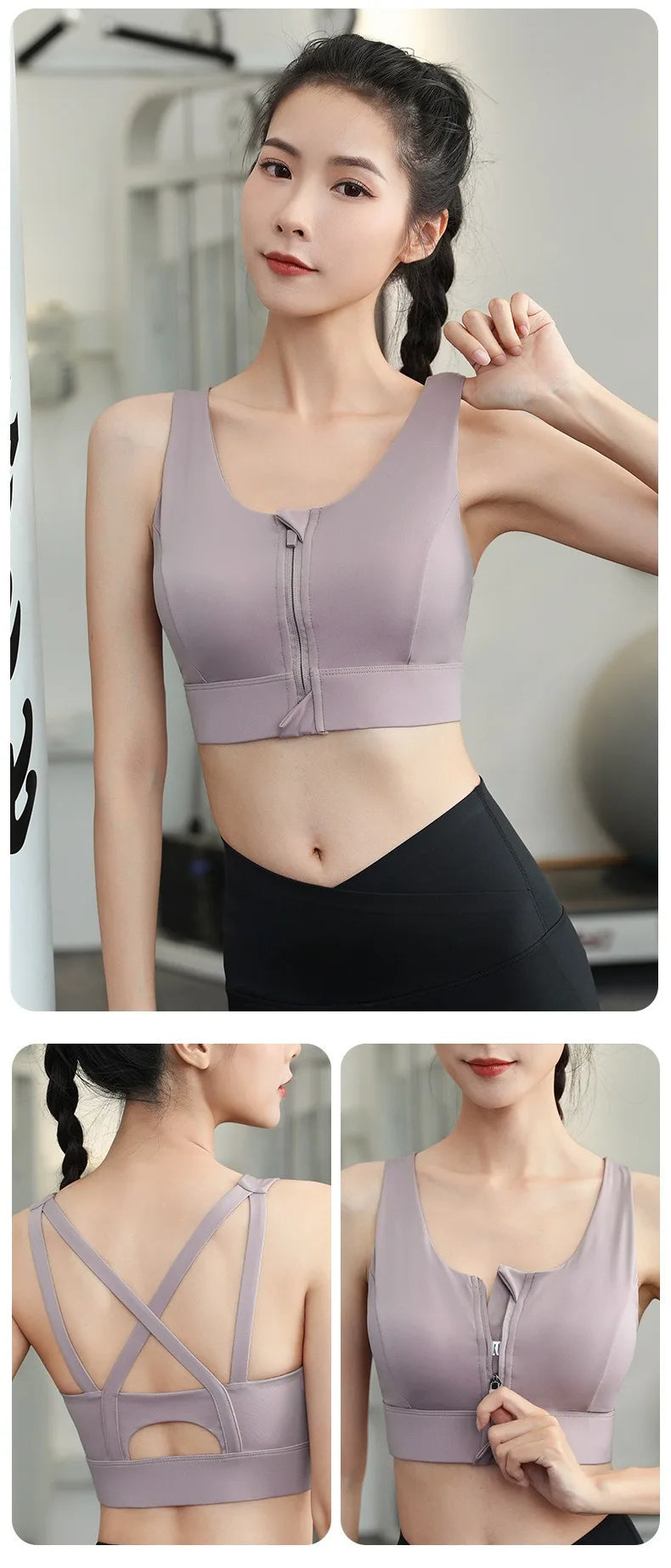 Aiithuug Front Zipper Crisscross Yoga Bra With Built In Cup Women's Strappy Wirefree Sport Gym Pilates Bra High Impact Underwear