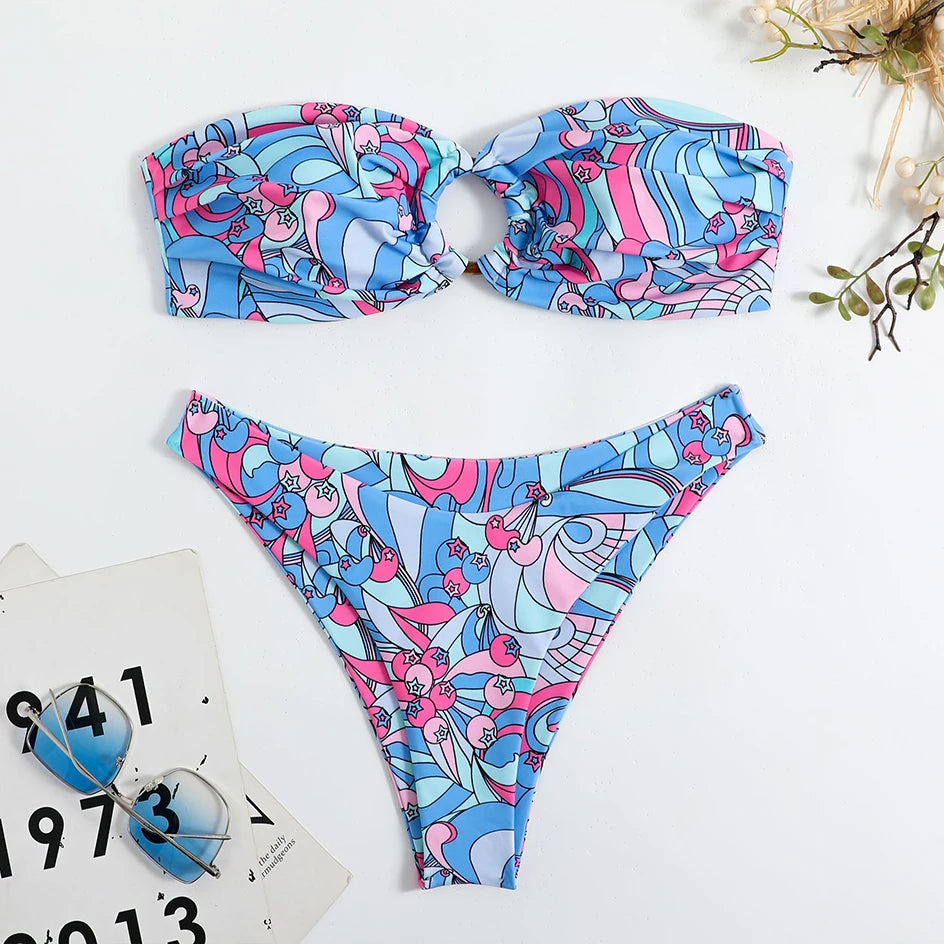 Floral Bikinis Bandeau Swimsuit for Woman Female Swimwear Women Thong Bikini Set Summer Swim Beach Wear Bathing Suits