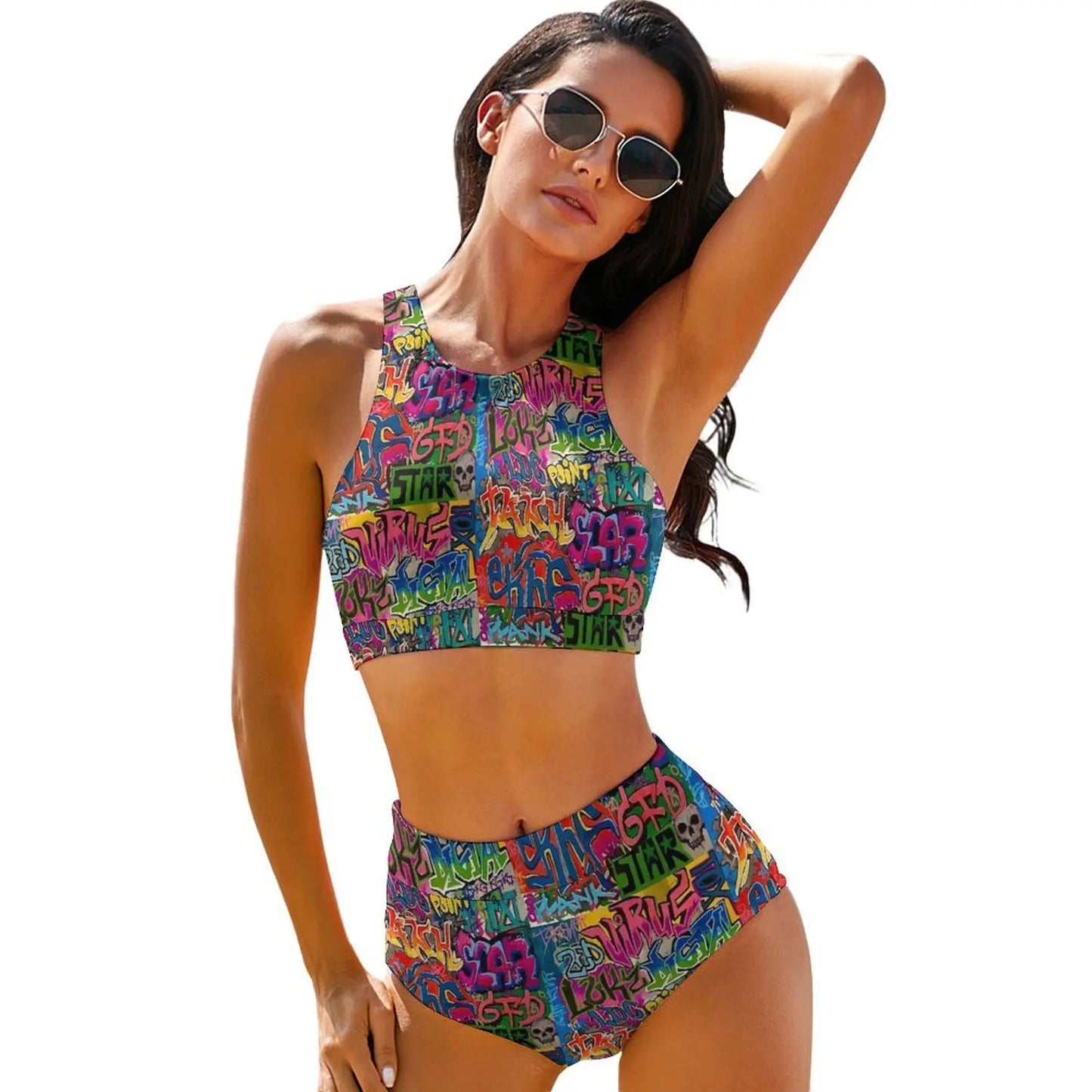 Abstract Graffiti Doodle Print Bikini Swimsuit High Waist Bikinis Set Women Modern Swimwear Push Up Custom Feminine Bikinis