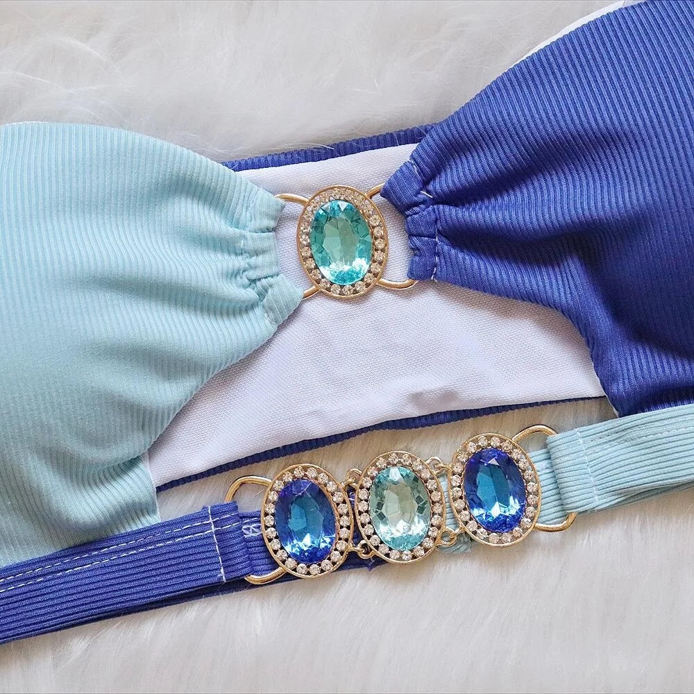 Colour Panel Rhinestones Bikinis Women Swimwear Female Swimsuit Swimming Bathing Suits Girls Brazilian Bikini Set Beachwear Bather