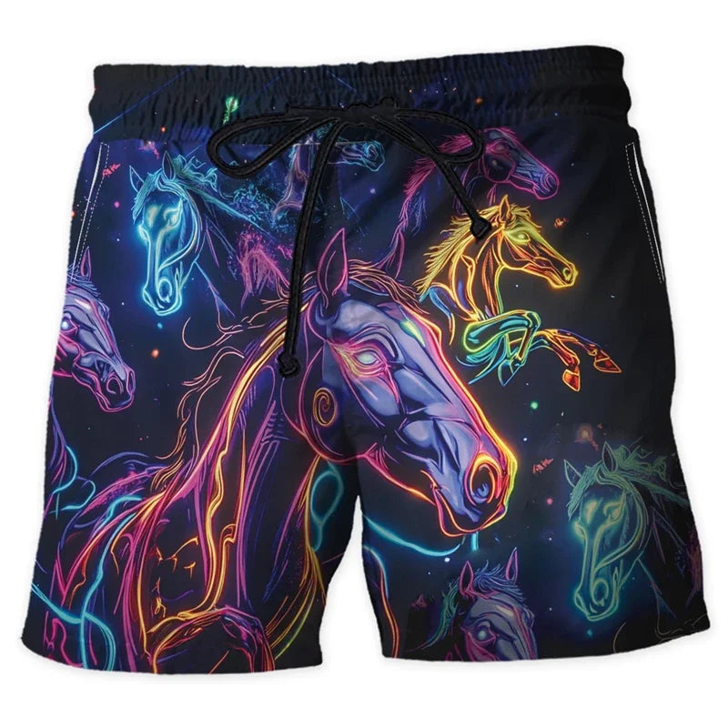 Neon Animal Graphic Beach Shorts, Men's Fashionable Summer Streetwear, 3D Printed Shorts, Cool Oversized Swimming Trunks