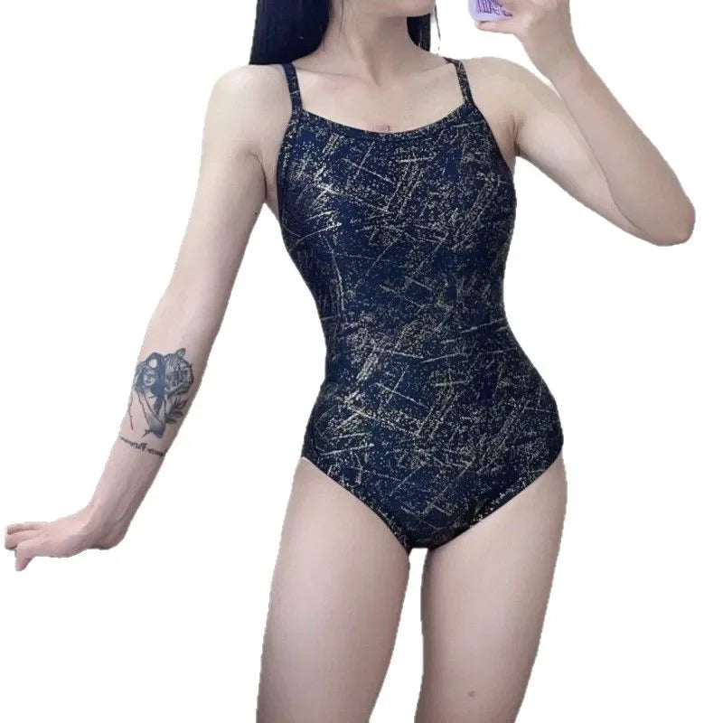 Gold Stamp Backless High Split Training Speed Suit One Piece Swimsuit Women Sexy Slimming Triangular Competition Swimwear
