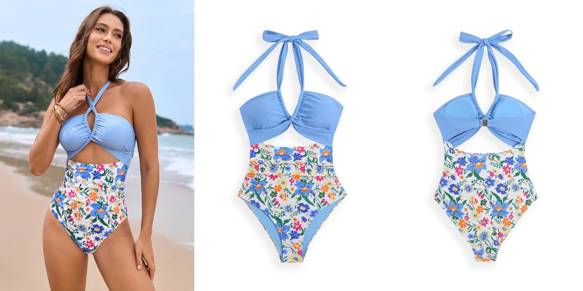 Women One-piece Bikini Female Neck Swimsuit Sling Backless Swimwear Summer Tight Cross Push Up Beach Bathing Suit