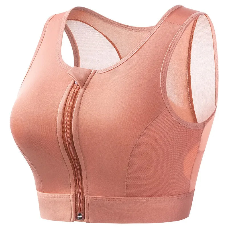 Women's Shockproof Gathered Front Zipper Yoga Bra With Padded Cup Wireless I-shaped Back With Mesh Running Sports Vest