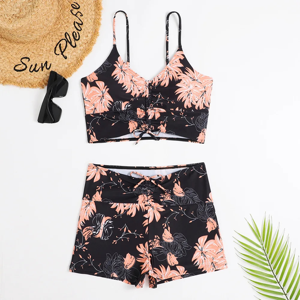 High Waist Bikini Swimsuit Women Floral Print Swim Suits Drawstring Front Shorts Boxers Swimwear Trunks Pool Bathing Suit