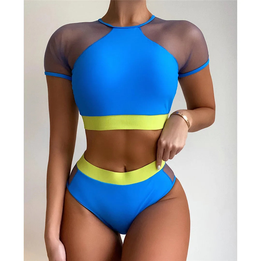Neon Colours Short Sleeve Mesh High Waist Bikini Women Bikini Sets