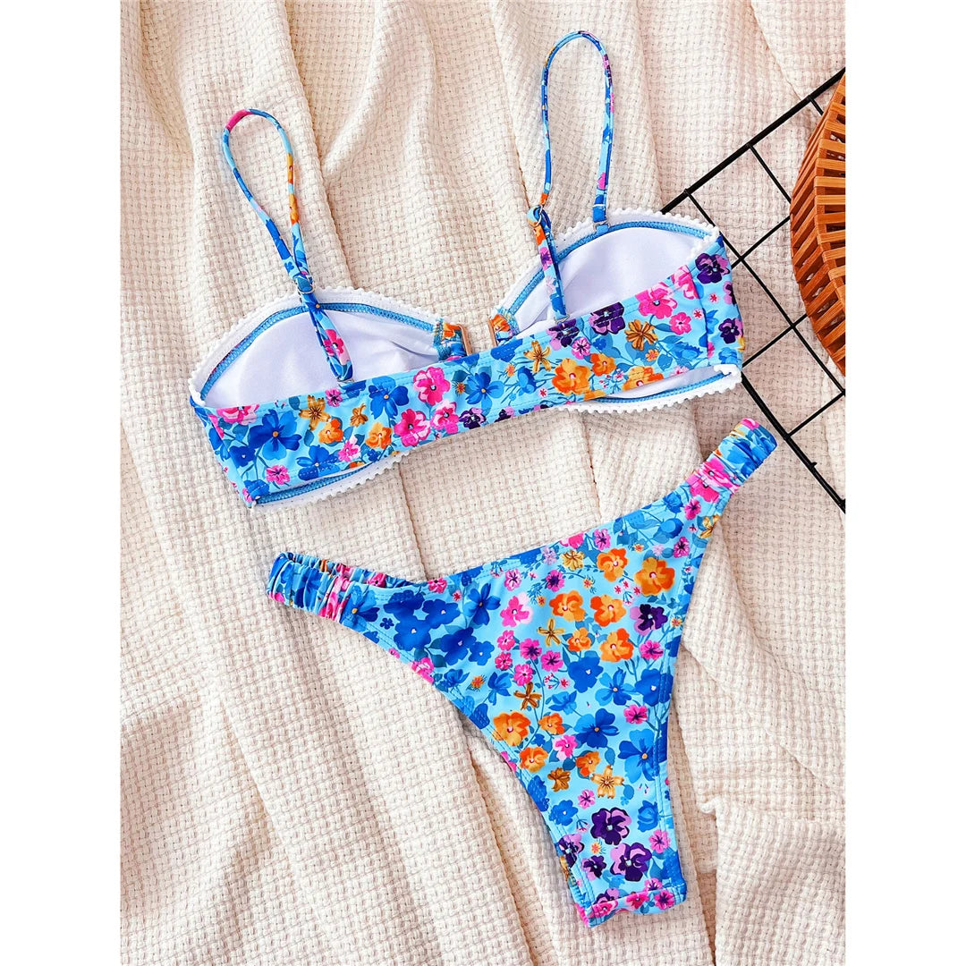 U Neck Flowers Printed Wrinkled Bikini Female Swimsuit Women Swimwear Two-pieces Bikini set Bather Bathing Suit Swim