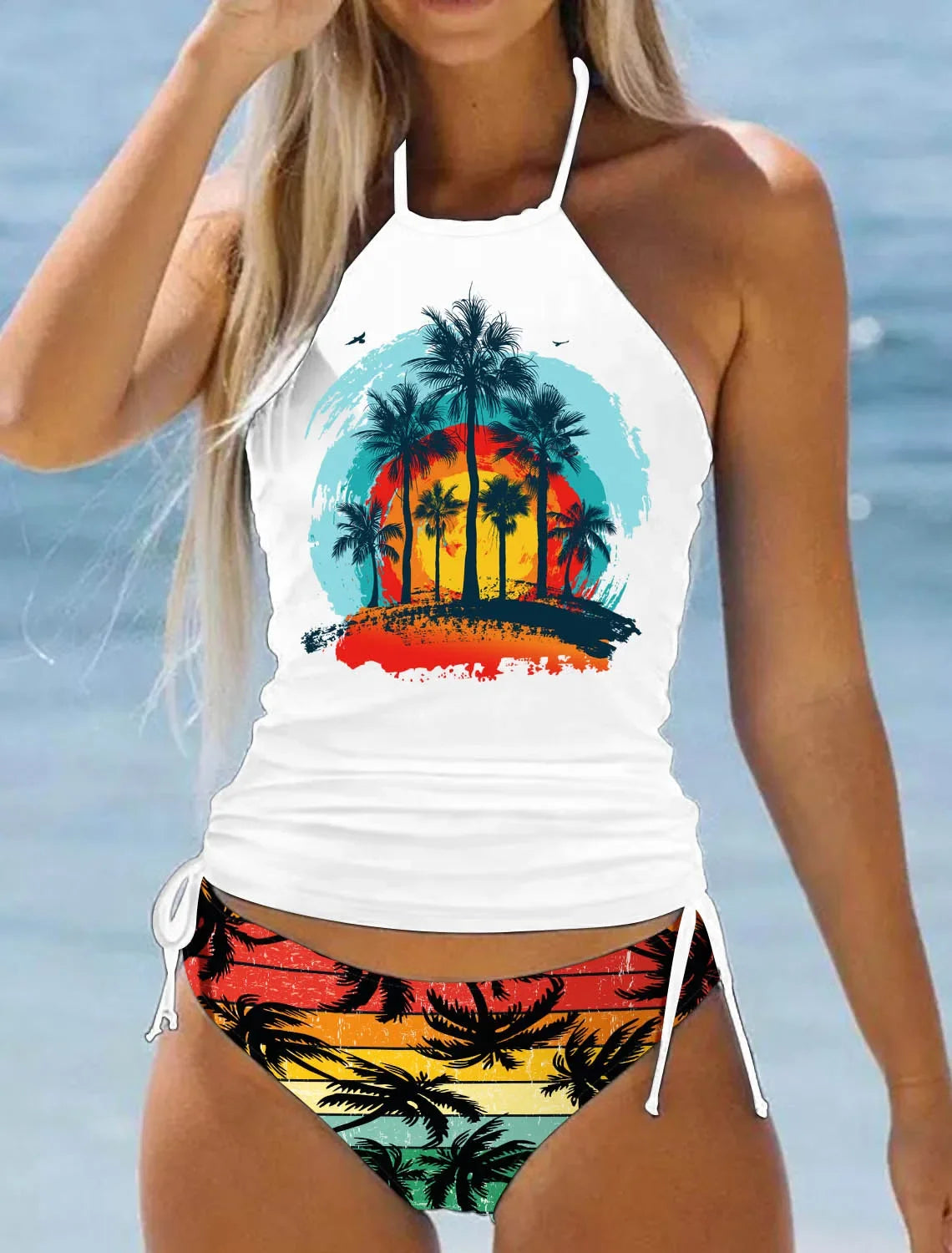 Summer Fashion Casual Vacation Swimsuit Women's Seaside Sunset Dusk Printed Bikini Two Piece Set S-6XL