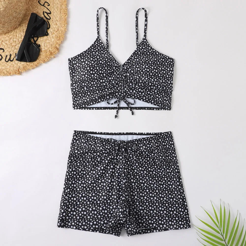 High Waist Bikini Swimsuit Women Floral Print Swim Suits Drawstring Front Shorts Boxers Swimwear Trunks Pool Bathing Suit