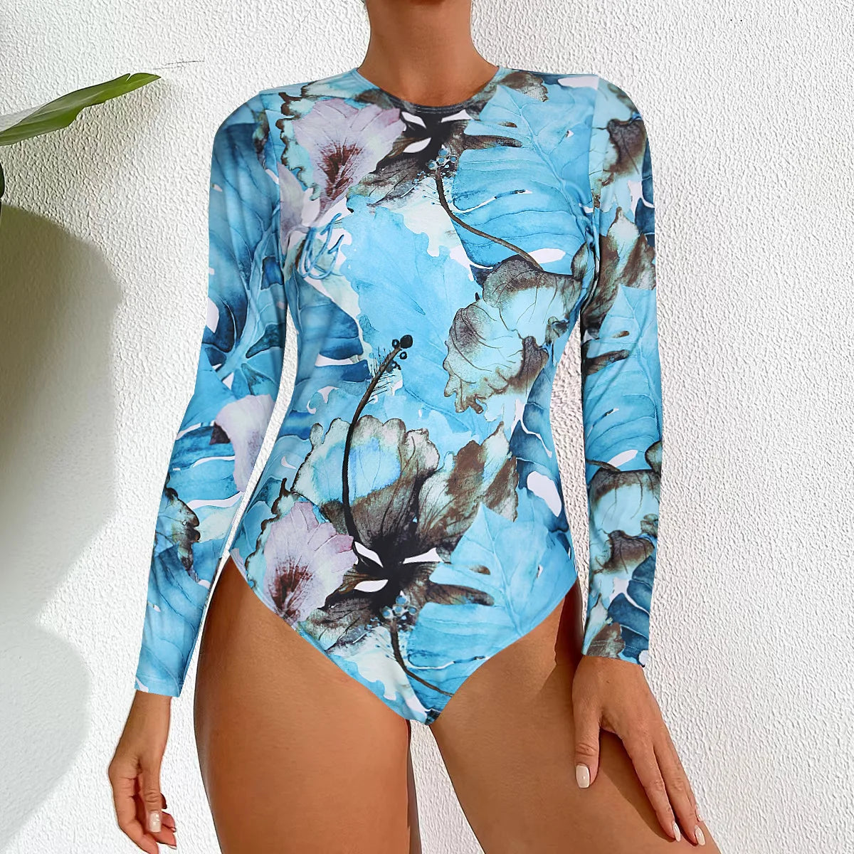 Floral One Piece Swimsuit Long Sleeve Zipper Swimwear Women Bathing Suit Beachwear Monokini Female Swim Surfing Suits
