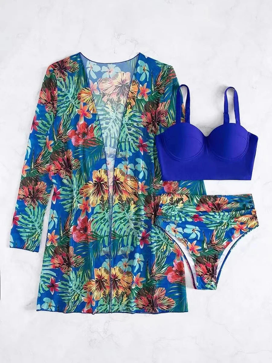 3 Piece Bikini Set Women Cover Up Swimwear Female Tropical Printed Swimsuit Push Up Beachwear Long Sleeve Bathing Suit