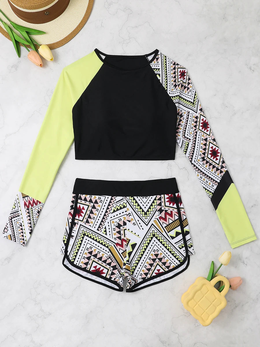 Print Swimsuit Women Two Pieces Surfing High Waist Shorts Swimwear Female Beachwear Bathers Bathing Swimming Swim Suit