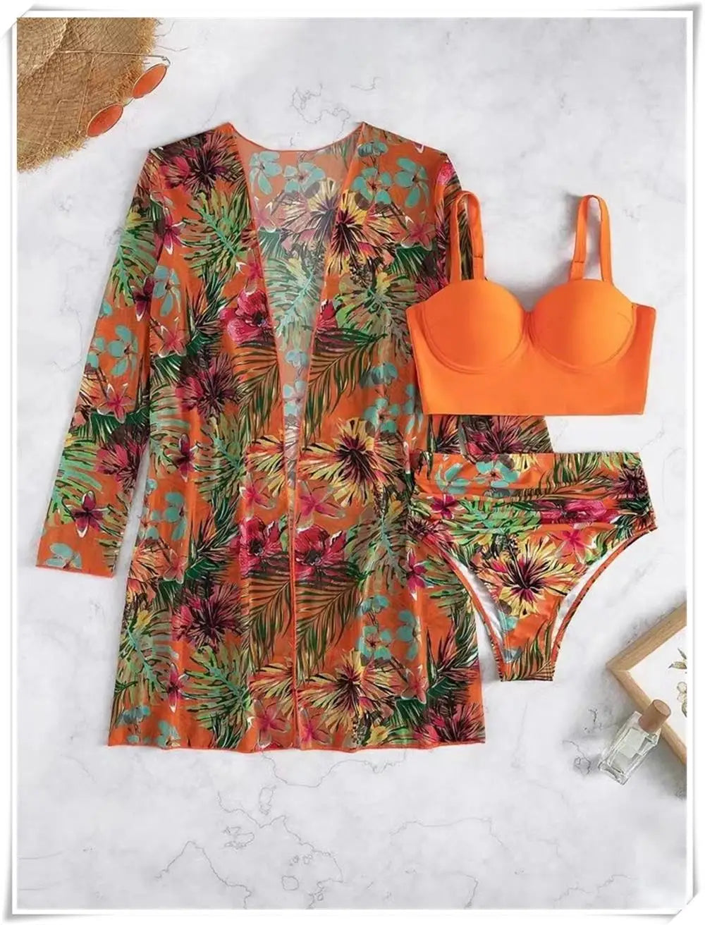 3 Piece Bikini Set Women Cover Up Swimwear Female Tropical Printed Swimsuit Push Up Beachwear Long Sleeve Bathing Suit