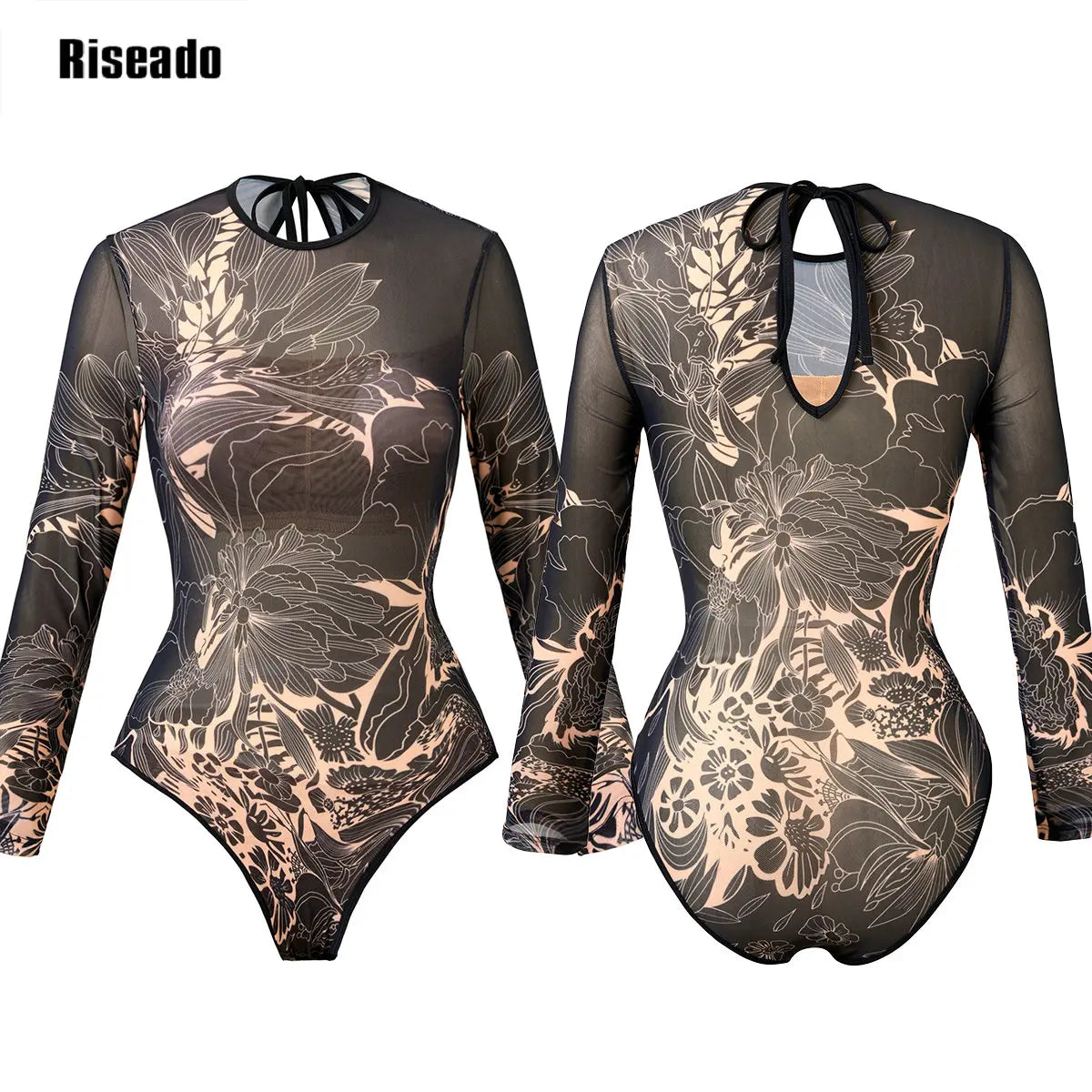 Womens Long Sleeve Mesh Rash Guard UV UPF 50+ Sun Protection Printed High Waist Surfing One Piece Swimsuit Bathing Suit