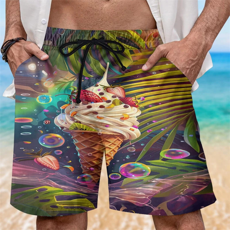 Ice Cream 80s 90s 3d Printed Surfing Board Shorts Cool Summer Street Hip Hop Swim Trunks For Men Vacation Beach Ice Shorts