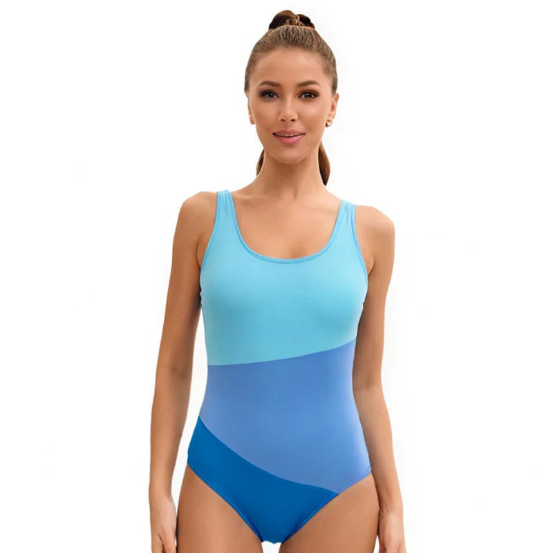 Women's One Piece Swimsuit Tummy Control Bathing Swim Suit Slimming Color Block Scoop Neck Summer Swimwear for Lady
