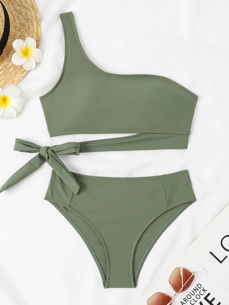 One Shoulder Bikini Set Swimsuit Women Solid Padded Swimwear Female Bathers Bathing Swimming Swim Suit Beachwear