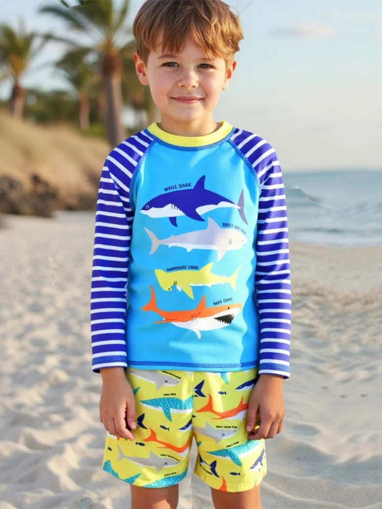 Boy Kids Swimsuit Cartoon Shark Striped Long Sleeves Children Swimwear Summer Two Piece Beachwear Bathing Suit Swimming
