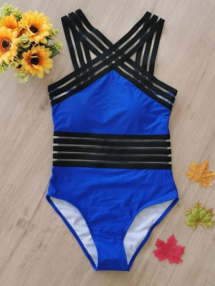 Mesh Tape Swimsuit One Piece Leopard Swimwear Women Cross High Neck Bathing Suit Female Swimming Summer Beachwear
