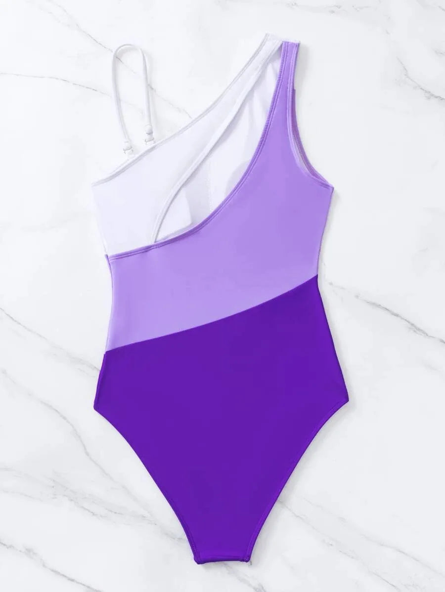 Colorblock Cut Out One Shoulder Swimsuit One Piece Swimwear Women Bather Bathing Swimming Swim Suit Female Beachwear