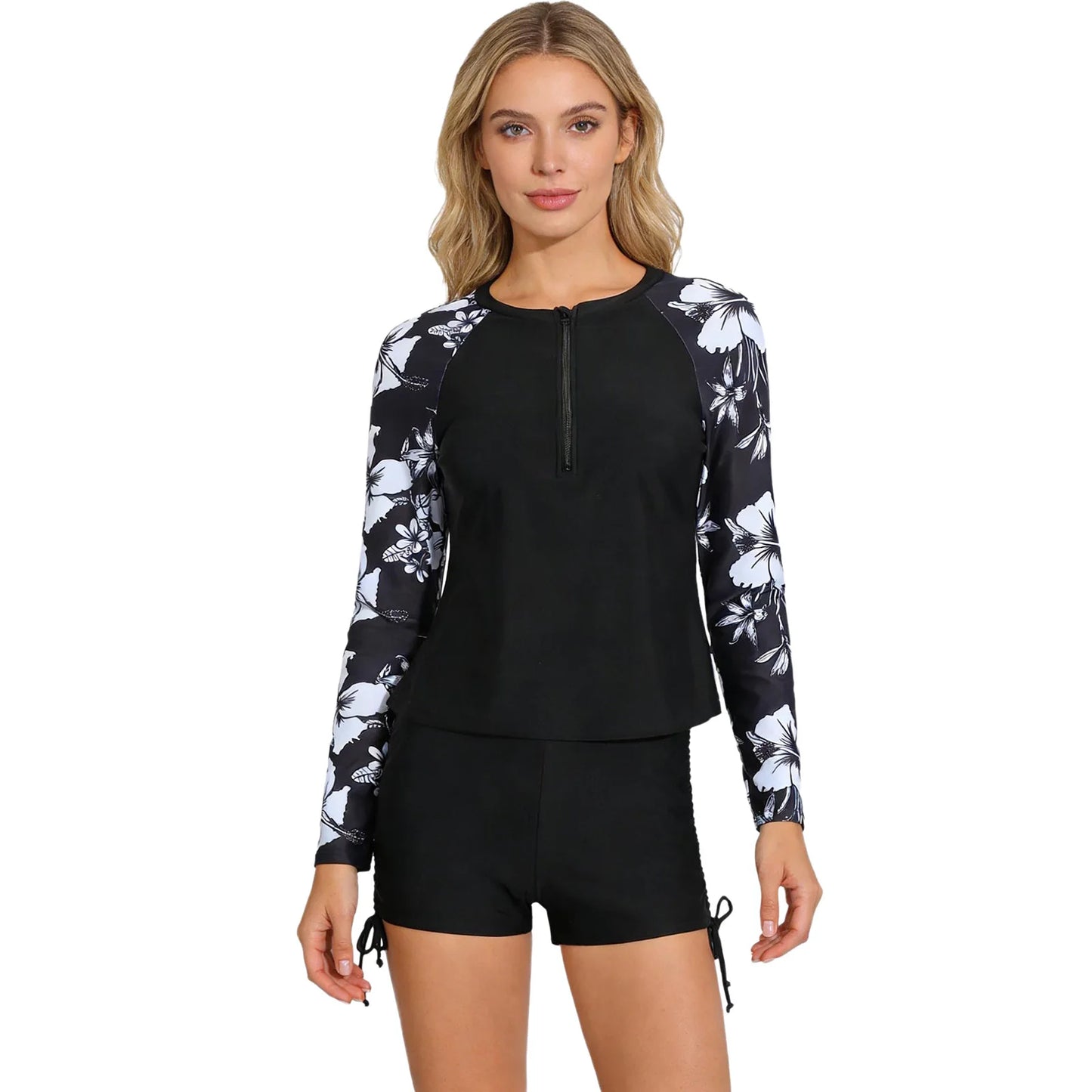 Womens Swimwear Athletic Swim Sets Print Long Sleeve Half Zipper Wireless Chest Pads Top with Side Drawstring Shorts Swimsuit