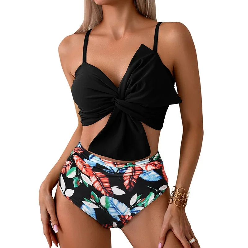 Women Flower Printed Separated Bikini Set Fashion Bow Tie Style High Waist Swimwear Shorts Beach Wear