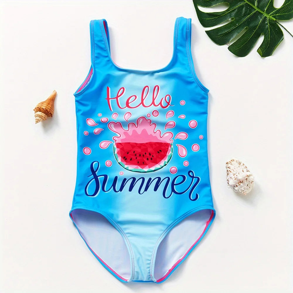 A girl's swimsuit with a fruit pattern, suitable for children aged 2-11. Chest Pad
