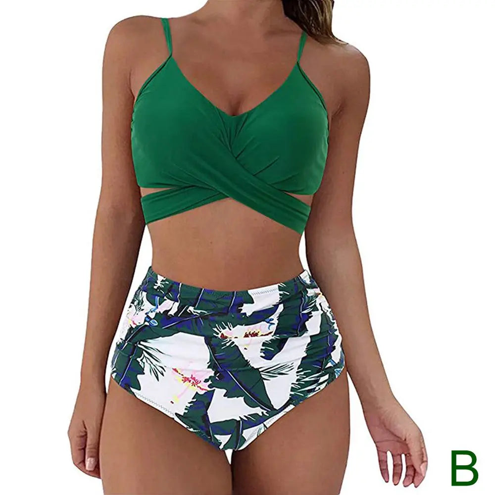 Bikini Two Piece Suit Cross Front Slim High Waisted Bottom Solid/Print Breathable Quick Drying Beachwear