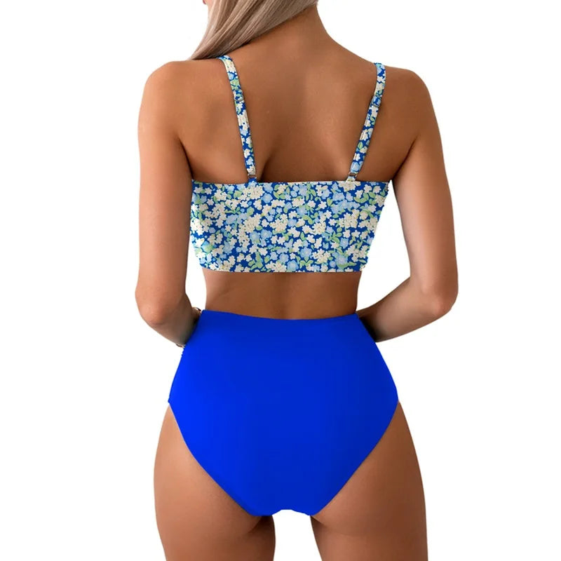 Women Flower Printed Separated Bikini Set Fashion Bow Tie Style High Waist Swimwear Shorts Beach Wear