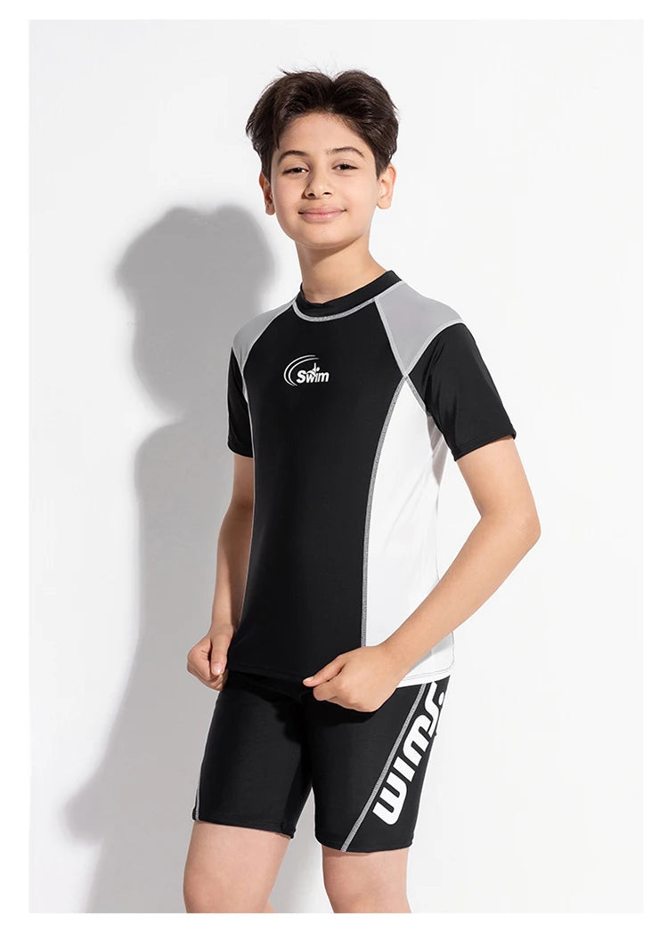 Boy Swimwear Short Shirt Two Piece Short Sleeve Solid Patchwork Teenager Children Kids Swimming Beach Wear 2024 9-16 years