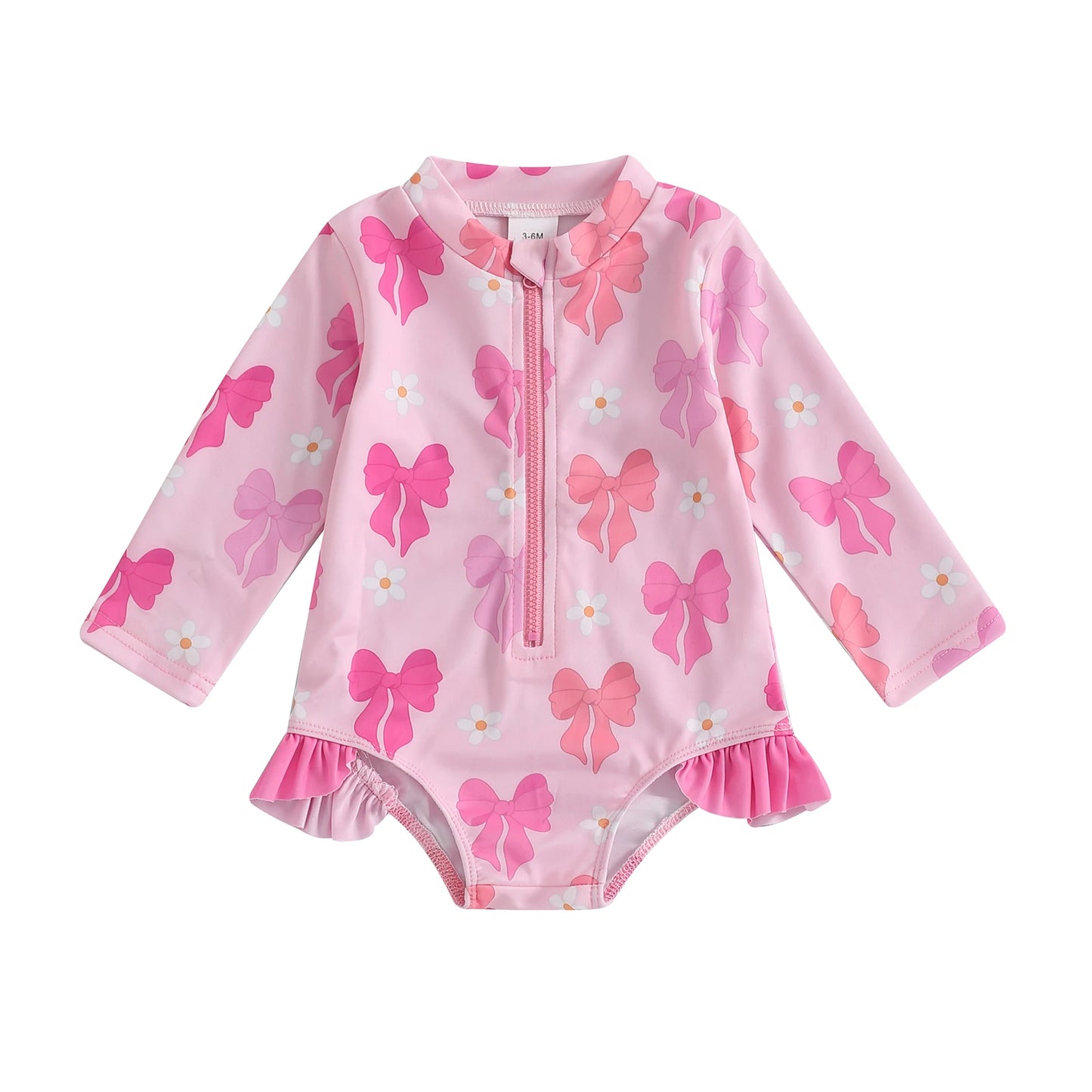 0-5Y Toddler Kids Girls Ruffle Swimsuit 2 Colors Bowknot Print Long Sleeve Zipper Rash Guard Bathing Suit Swimwear