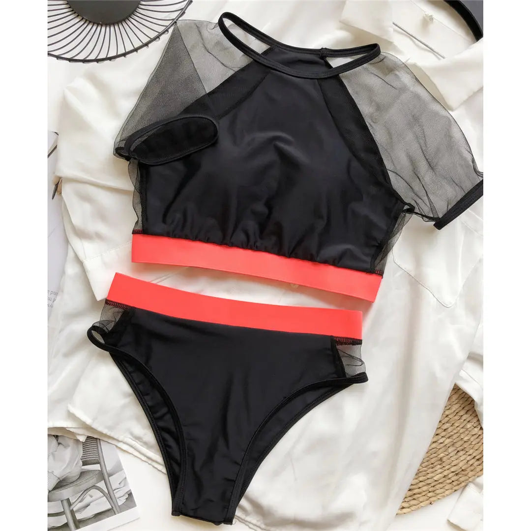 Neon Colours Short Sleeve Mesh High Waist Bikini Women Bikini Sets
