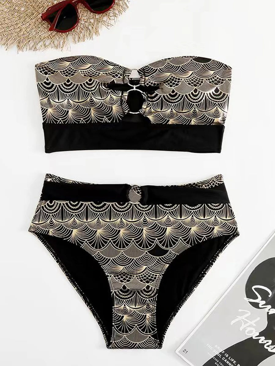 Metallic Stitch Strap Bikini Women Push Up Gold print Swimsuit Female High Waist Swimwear Bathers Bathing Suit Beachwear