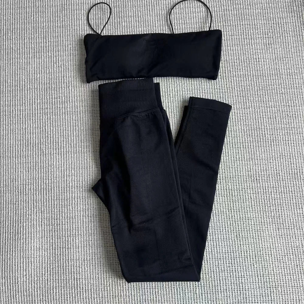 Mini Sports Bra for Women Yoga Set Backless Bandeau Strappy Gym Crop Top Seamless Scrunch Legging Workout Pant Active Wear