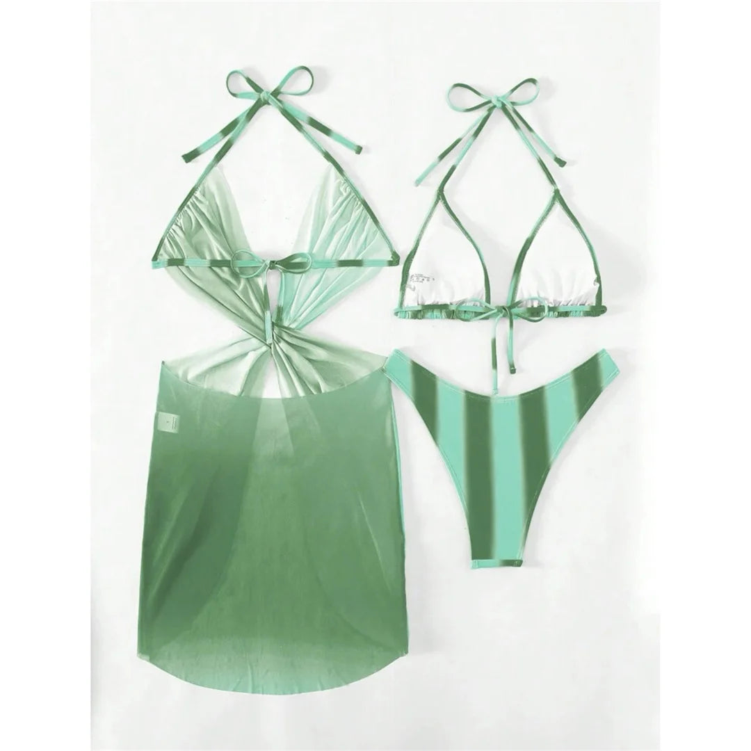 With Dress Tie Dye Striped Bikini Female Swimsuit Women Swimwear Three-pieces Bikini set Bather Bathing Suit Swim