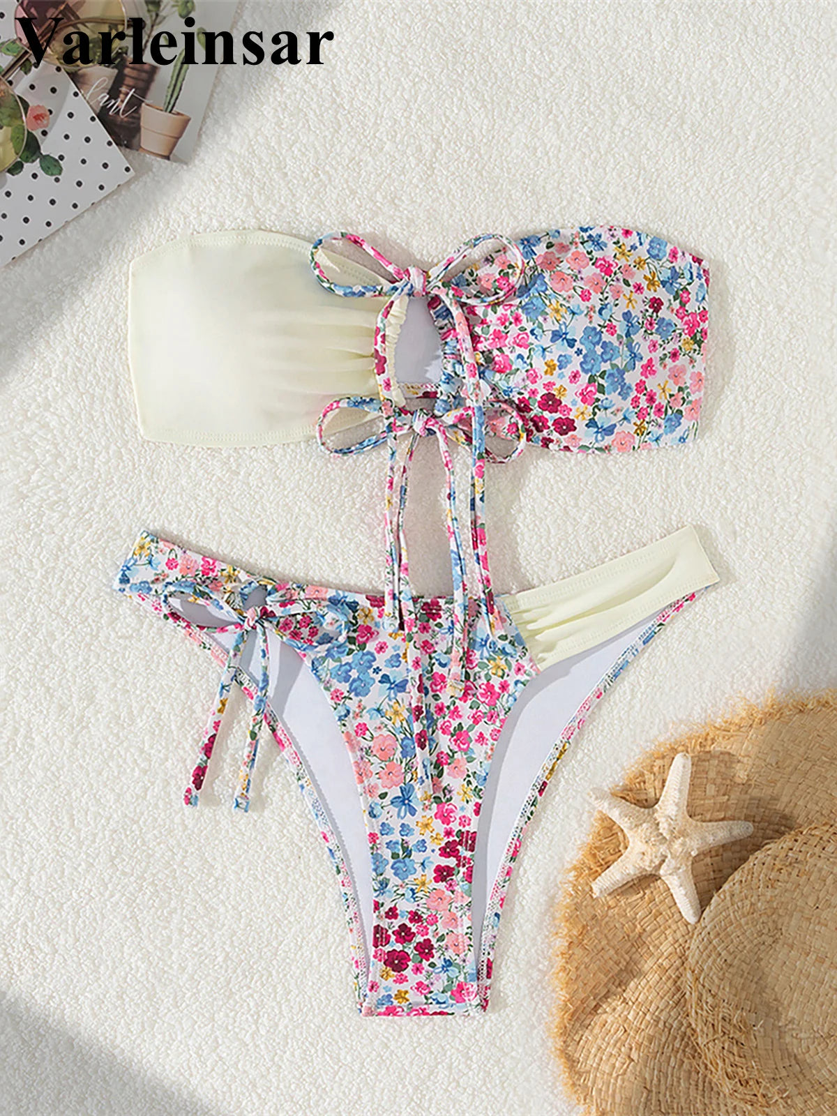 Flowers Printed Bandeau Splicing Bikini Women Swimwear Female Swimsuit Two-pieces Bikini set Bather Bathing Suit Swim