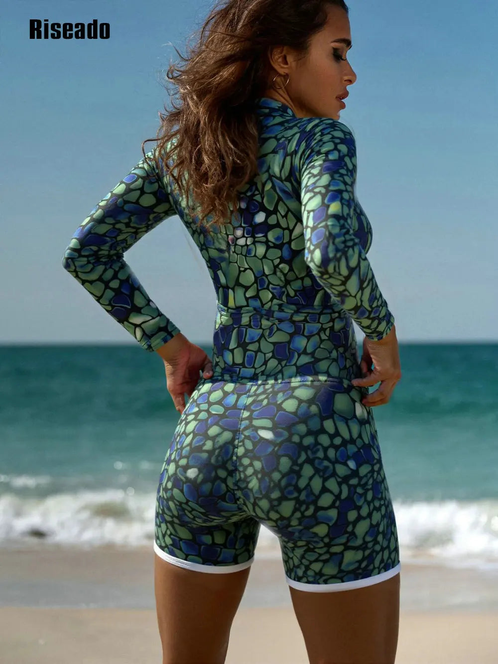 Women Rash Guard Long Sleeve Shirts Boyleg One Piece Swimsuit High Waist Swimwear