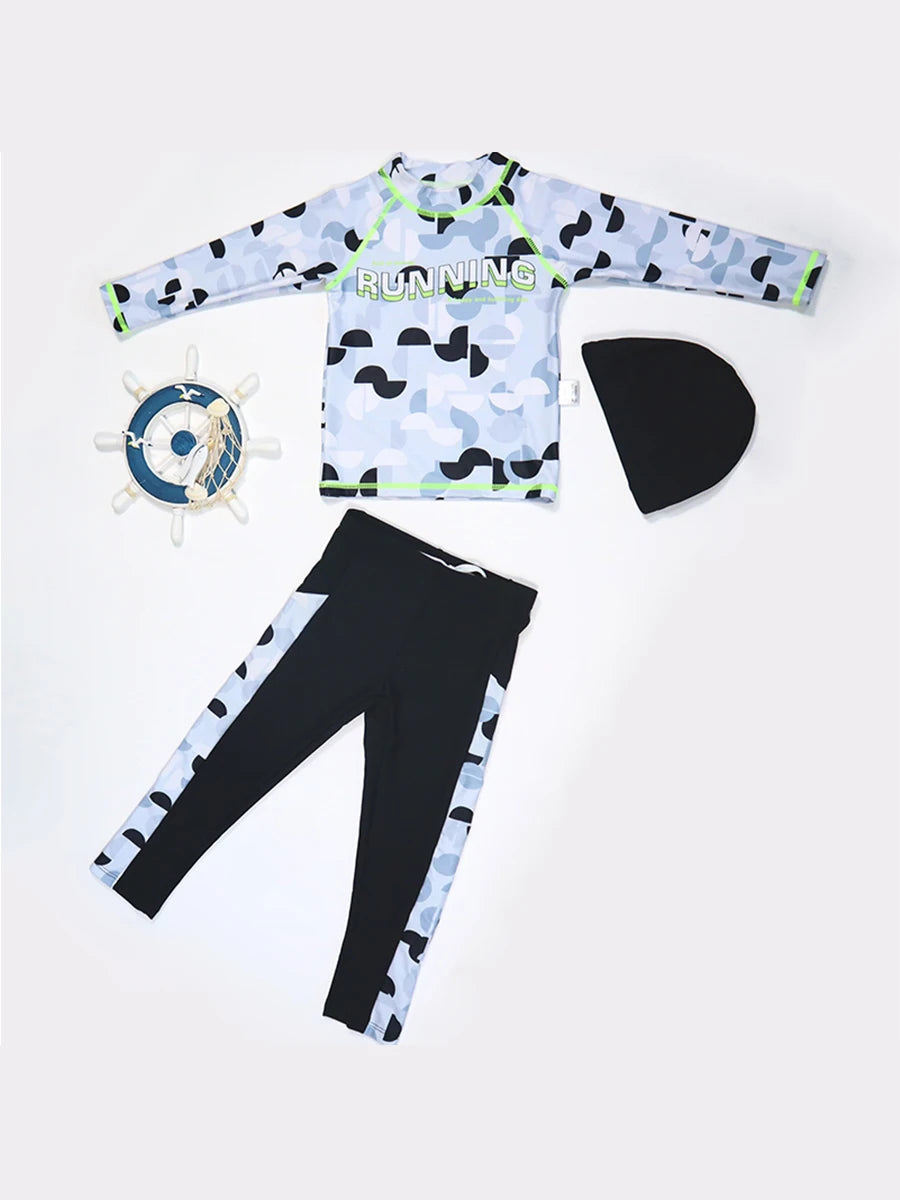 3pcs Boys' Split Style Swimsuit Set Long Sleeve Swimsuit Middle-Aged Young Children's Sunscreen Swimsuit Fashionable Boys