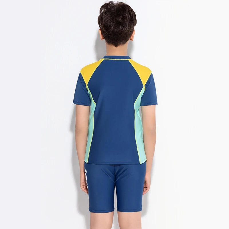 Boy Swimwear Short Shirt Two Piece Short Sleeve Solid Patchwork Teenager Children Kids Swimming Beach Wear 2024 9-16 years